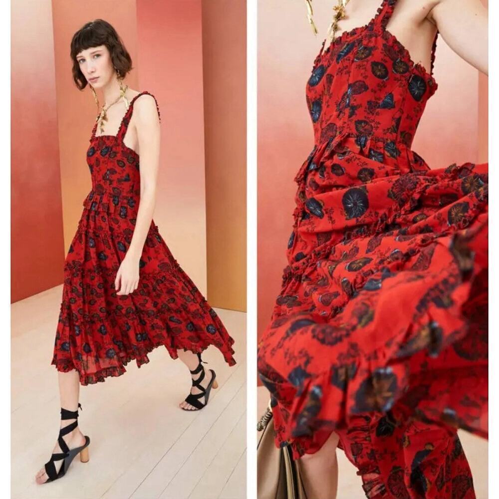 ULLA JOHNSON Midi Sun Dress Poppy Floral Ruffle Pockets Cotton 4 Square Neck Red